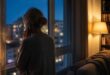 Donna al telefono davanti alla finestra di casa, la sera, con lo sguardo pensieroso