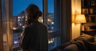 Donna al telefono davanti alla finestra di casa, la sera, con lo sguardo pensieroso