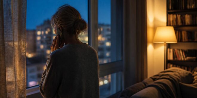 Donna al telefono davanti alla finestra di casa, la sera, con lo sguardo pensieroso